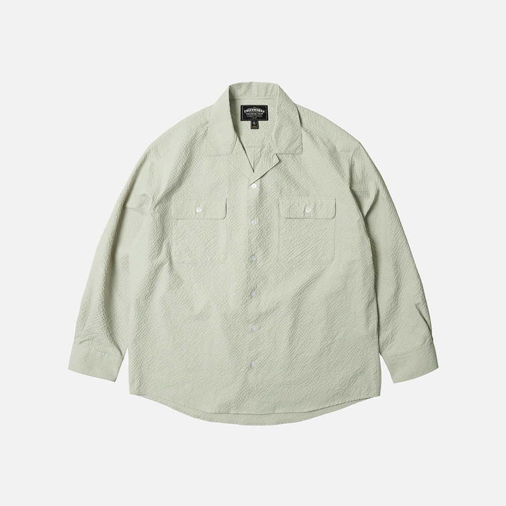 Open collar solid seersucker shirt _ light khaki