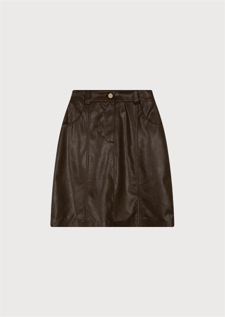[SEASON OFF 30%] Cutting Line Leather Midi Skirt Brown