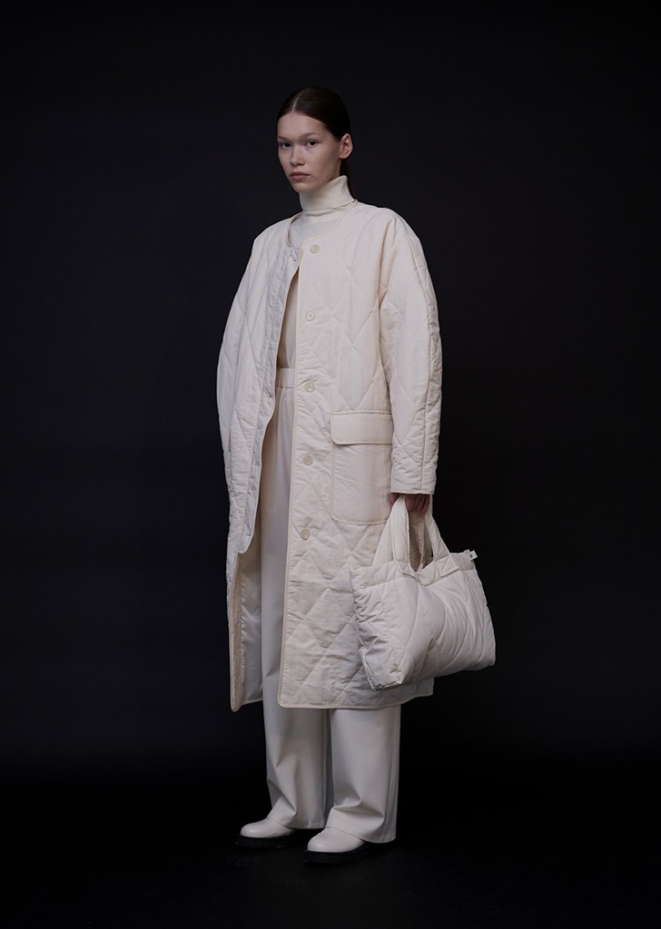Collarless Quilted Long Coat Cream