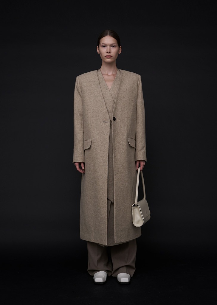 Collarless Belted Long Coat Oatmeal