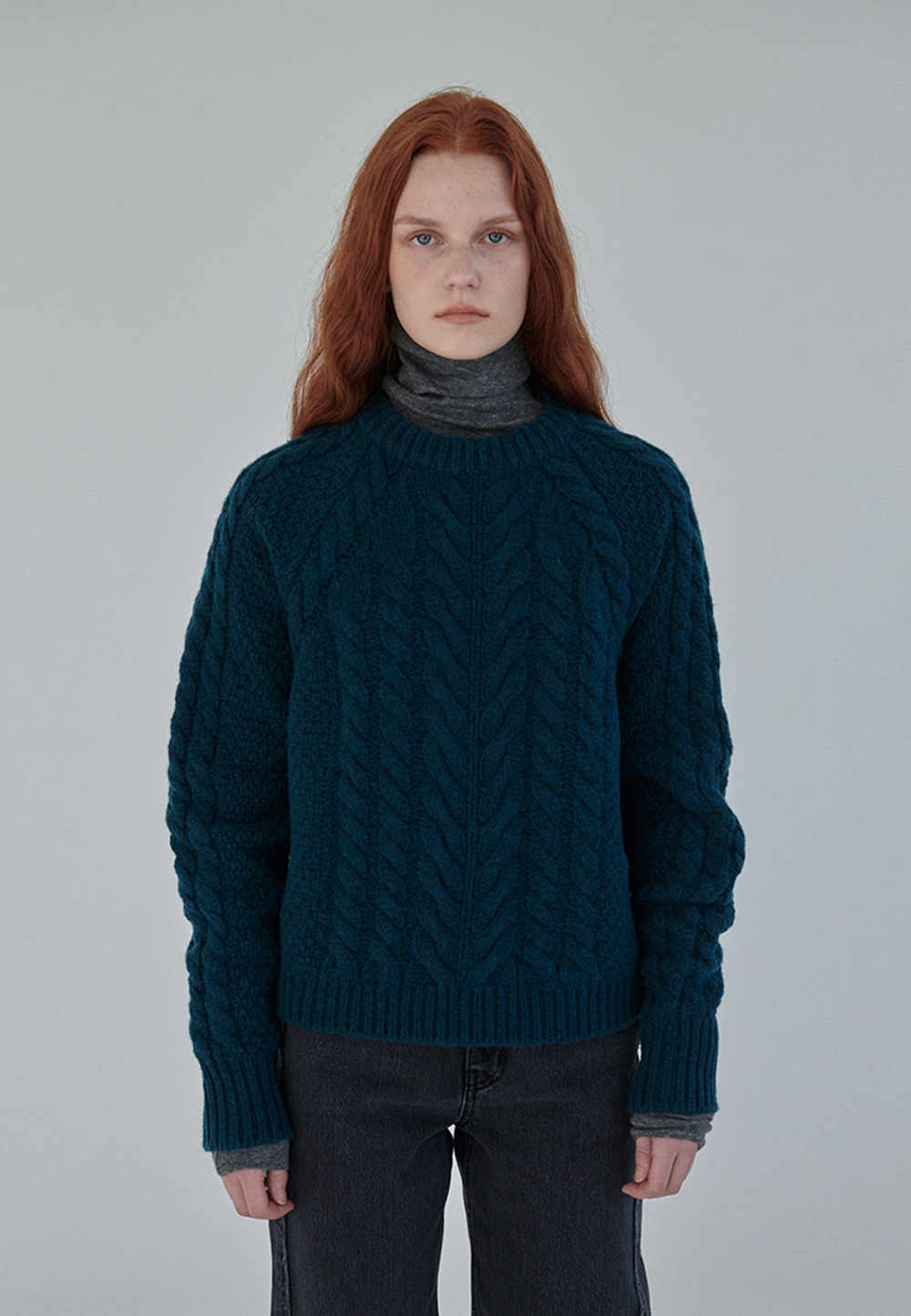 CABLE WOOL KNIT   TEAL BLUE