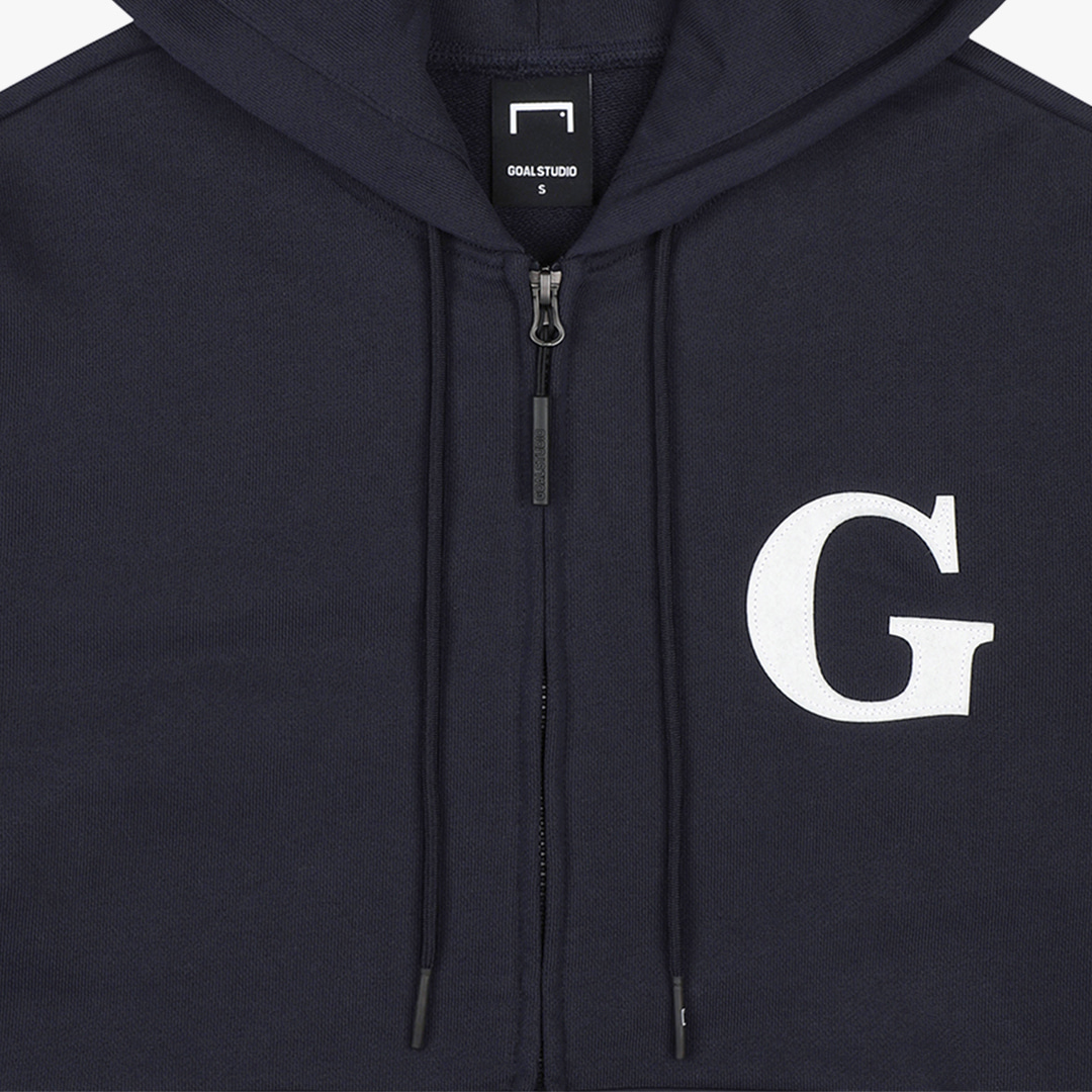 WHO KNOWS G LOGO WOVEN MIXED FULL ZIP-UP HOODIE - NAVY