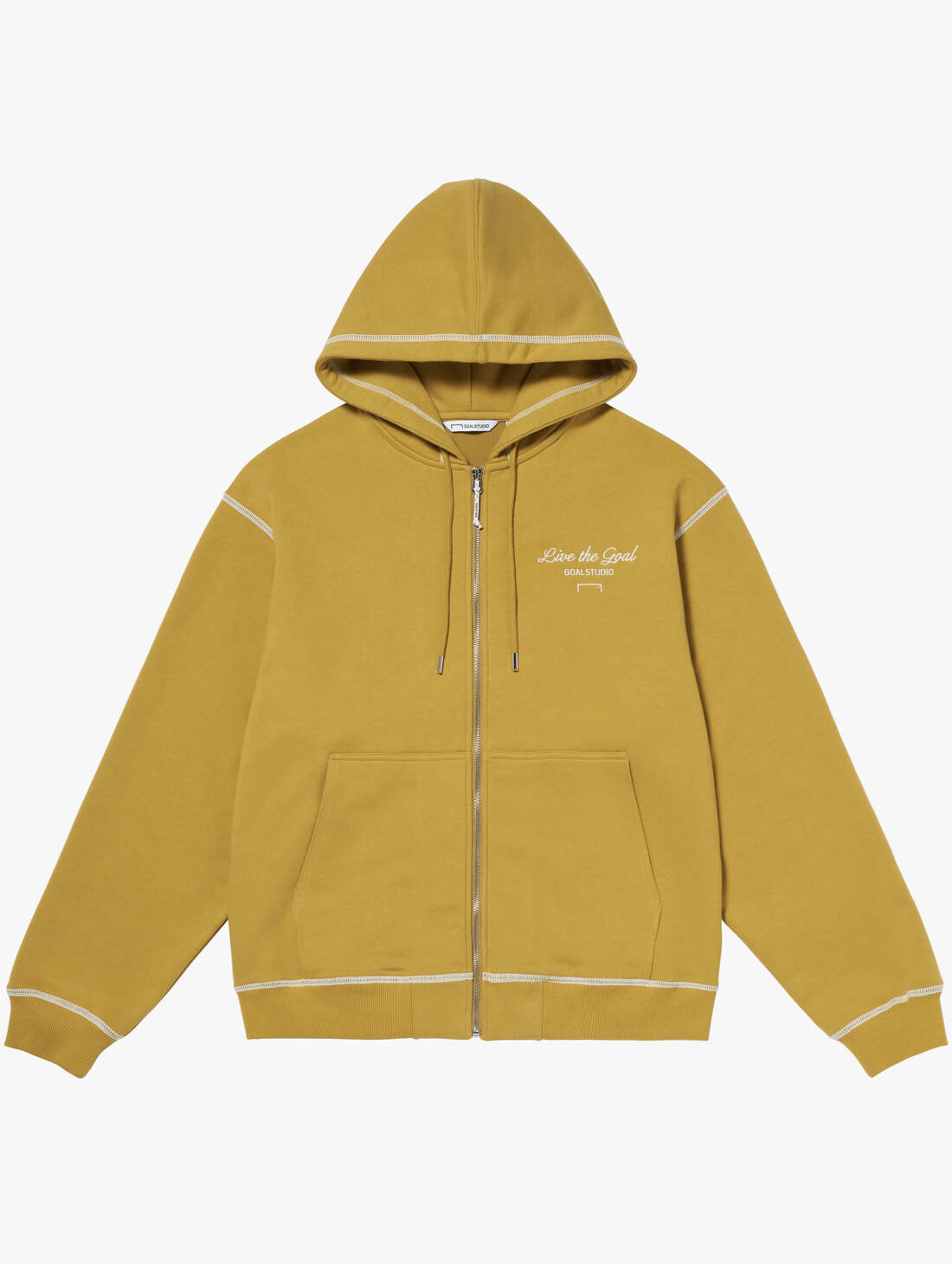 STITCHED BIG LOGO ZIP-UP HOODIE-MUSTARD - GOALSTUDIO