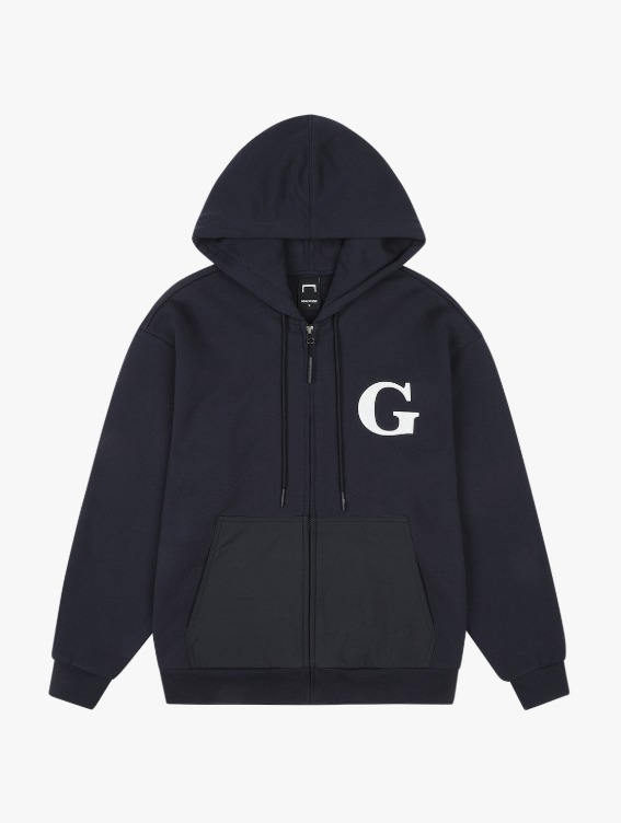 [50%]WHO KNOWS G LOGO WOVEN MIXED FULL ZIP-UP HOODIE - NAVY