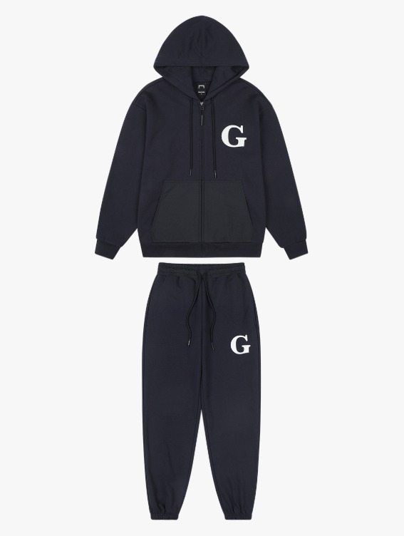 [30% OFF] WHO KNOWS G LOGO WOVEN MIXED FULL ZIP-UP HOODIE &amp; JOGGER PANTS SET - NAVY
