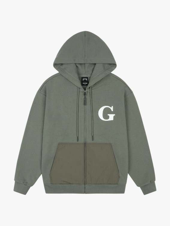 GOALSTUDIO WHO KNOWS G LOGO WOVEN MIXED FULL ZIP-UP HOODIE - KHAKI