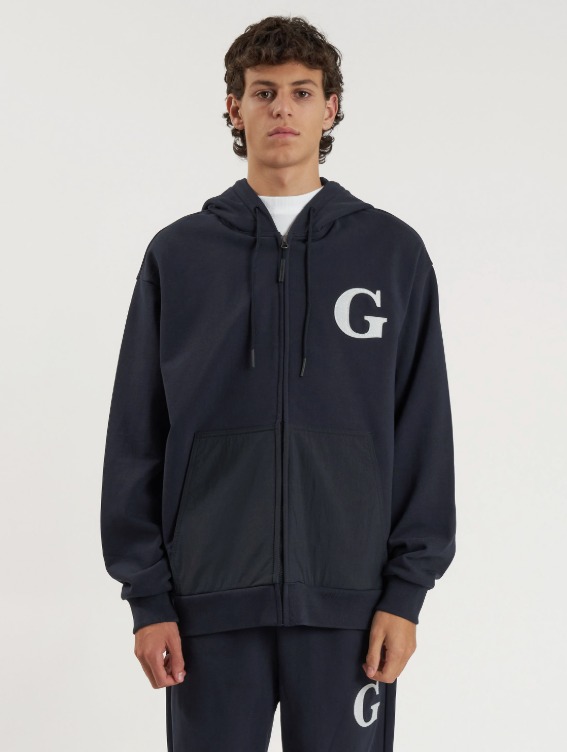 GOALSTUDIO WHO KNOWS G LOGO WOVEN MIXED FULL ZIP-UP HOODIE - NAVY