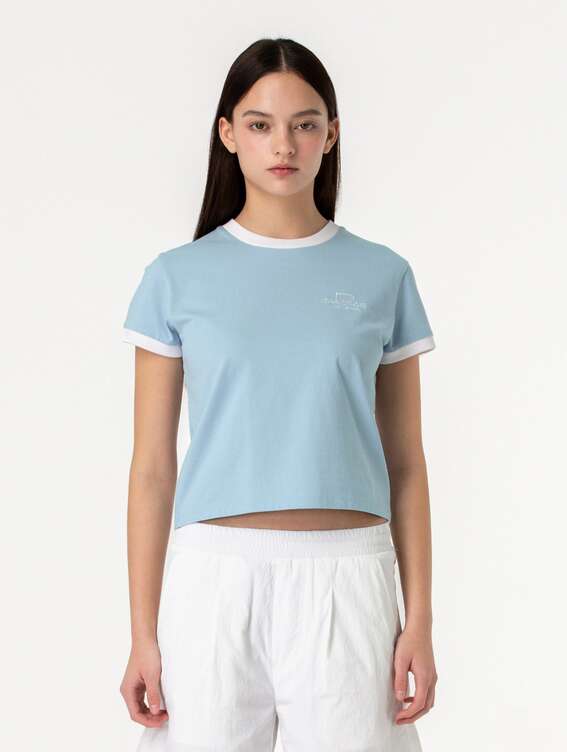 WOMEN`S COLOR BLOCK CROPPED TEE-LIGHT BLUE