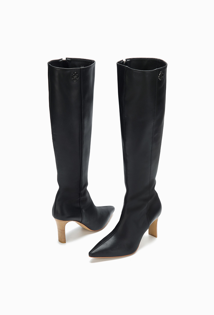 Grace Leather Long Shirring Boots (Black)