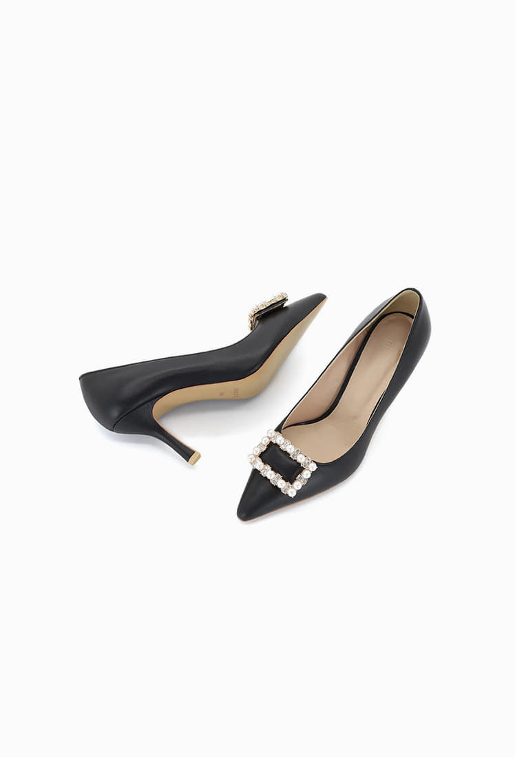 Grace Leather Heel (Black) - Pearl Ornament