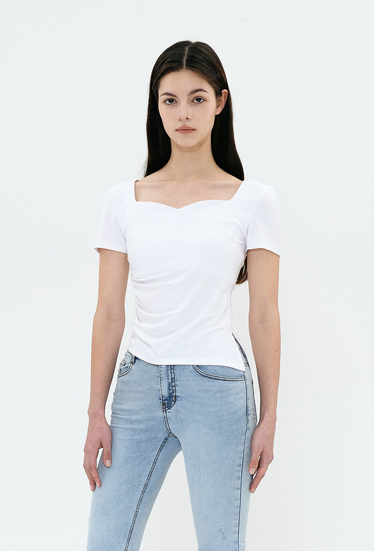 Cindy Heart-Neck Shirring T-Shirts (3 Color)