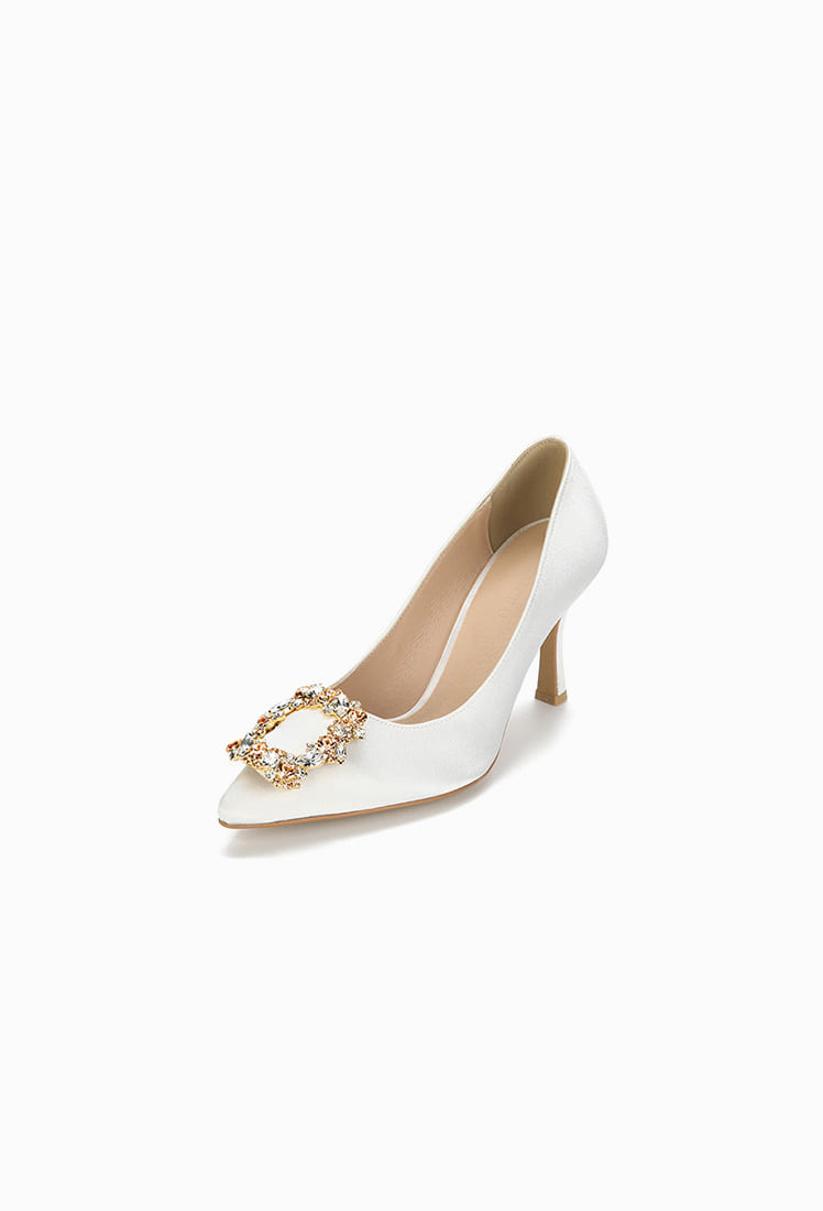 Grace Wedding Satin Heel (White) - Gold Cubic Ornament
