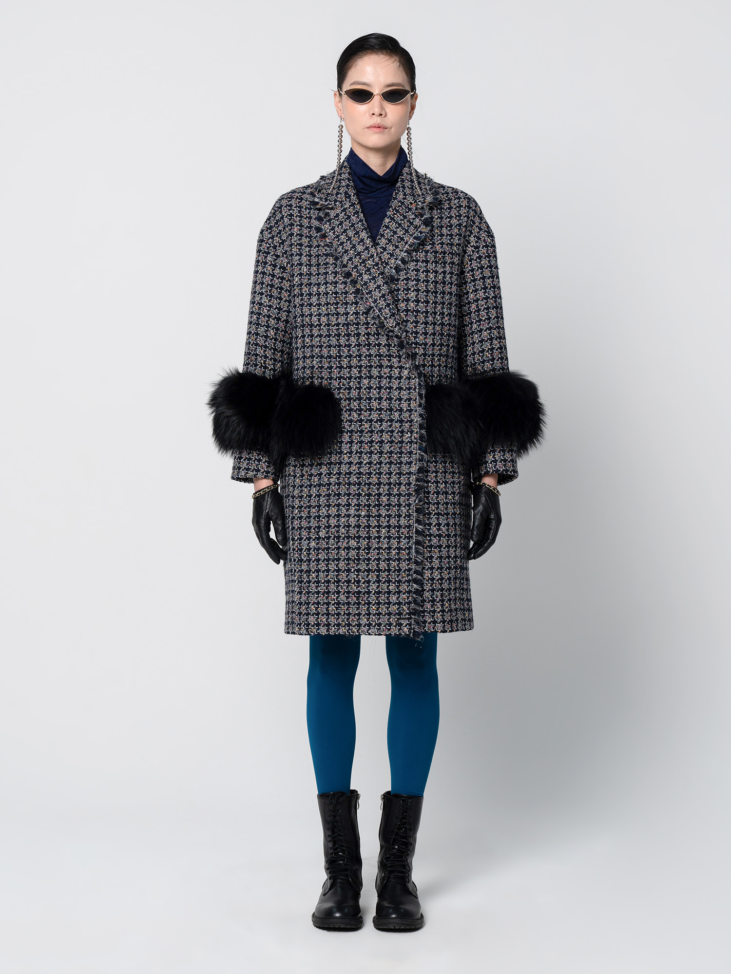 Gray Metallic Tweed Check Fox Fur Trimming Coat