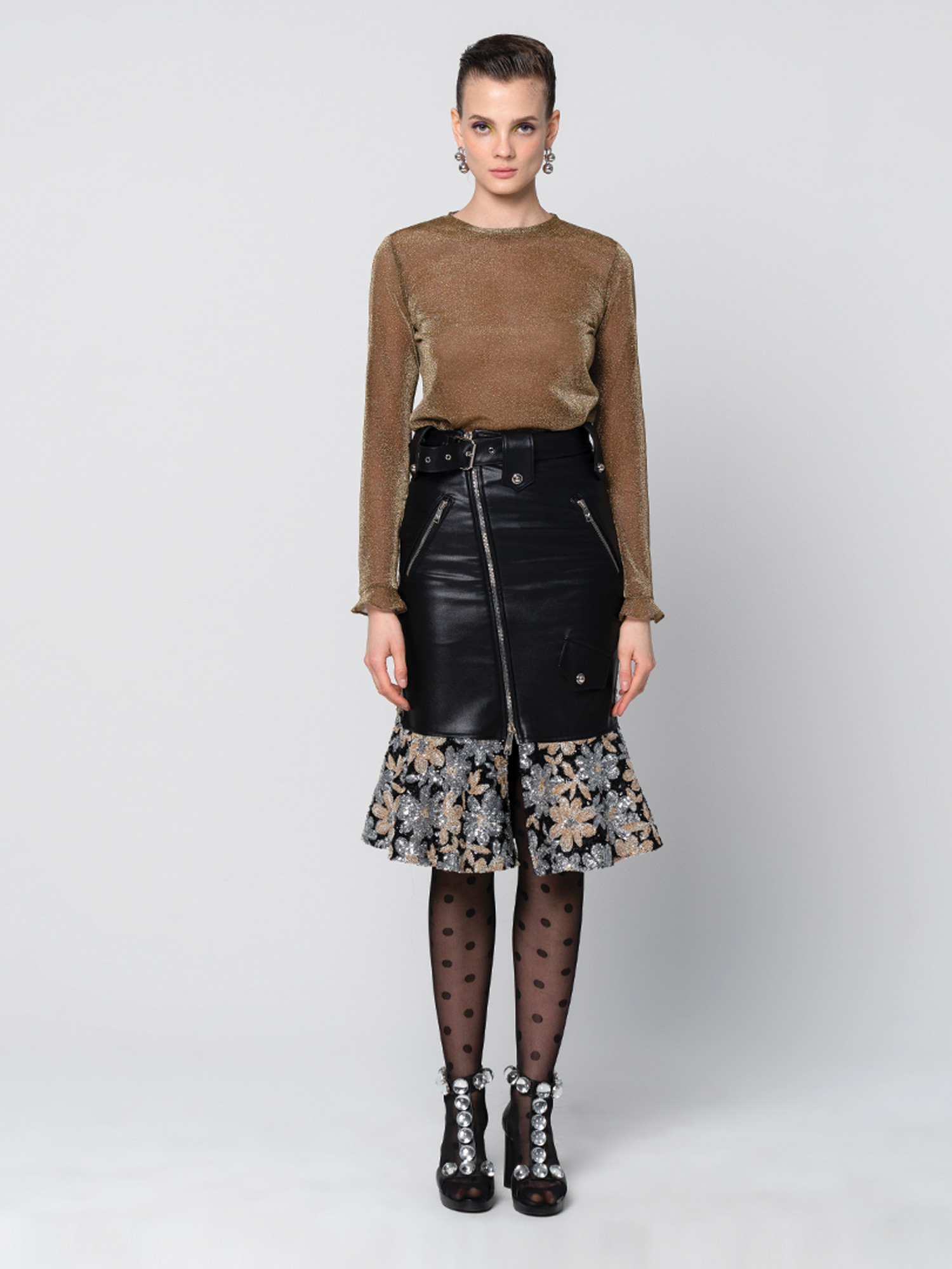 Flower Sequin Leather Biker Skirt