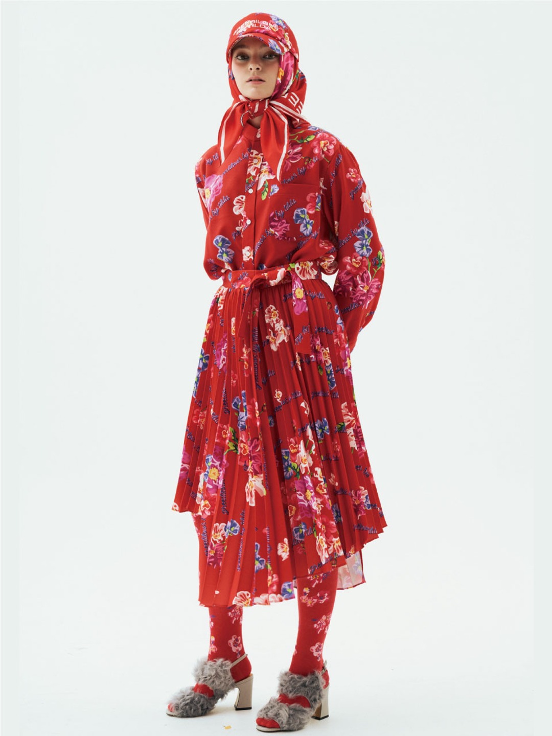 Denim Floral print Ruffle Detail Skirt