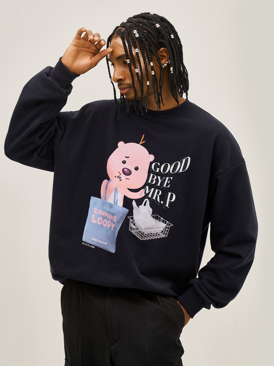 Loopey Print Loose Sweater Top Black