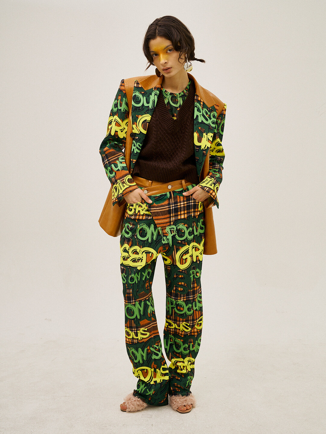 Green Logo Leather Contrast Pants