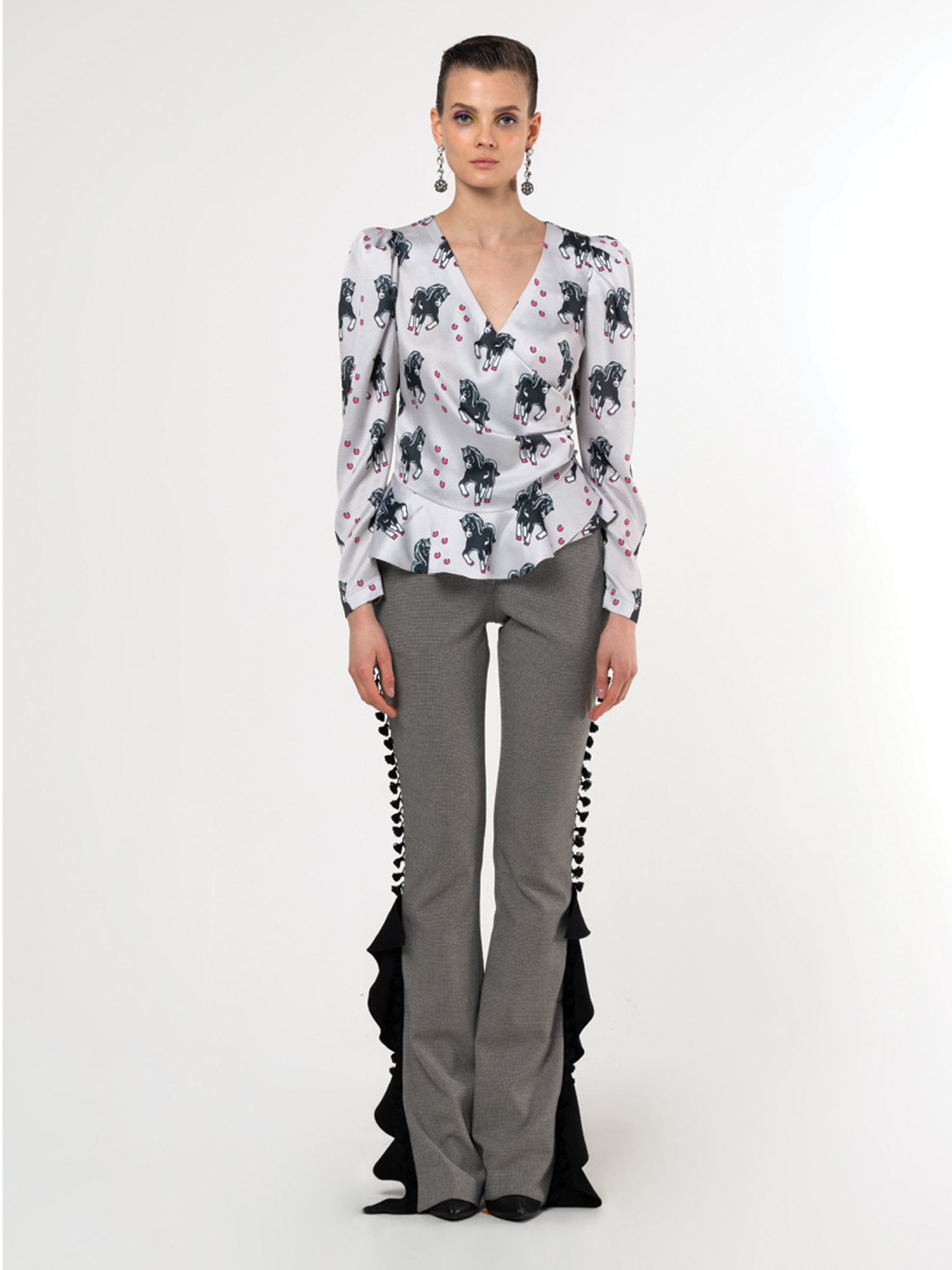 Ruffled Flare Trousers with Side Tassle Trimming