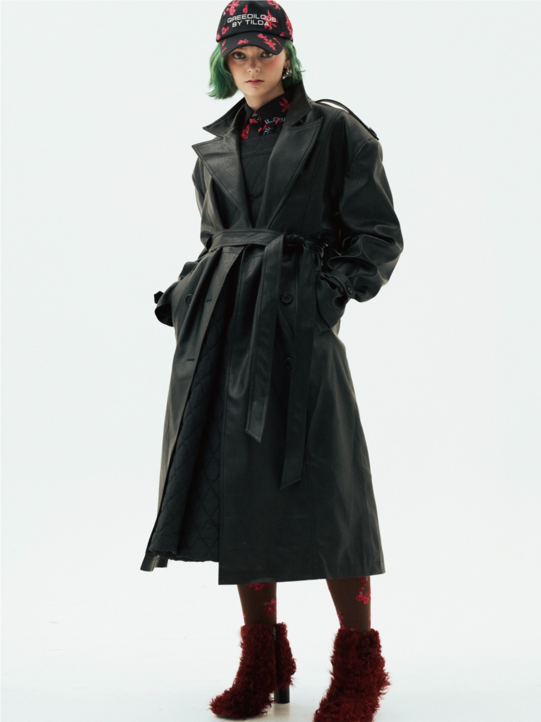 Faux-Leather Belted Double-Breast Trench Coat