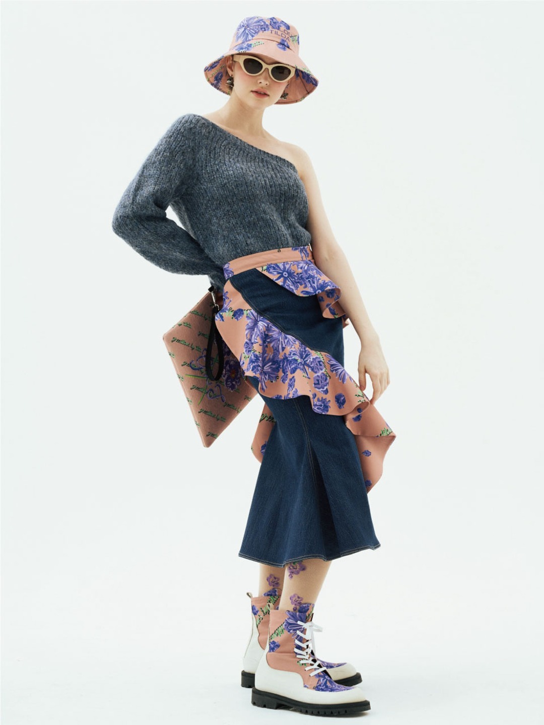 Denim Floral print Ruffle Detail Skirt