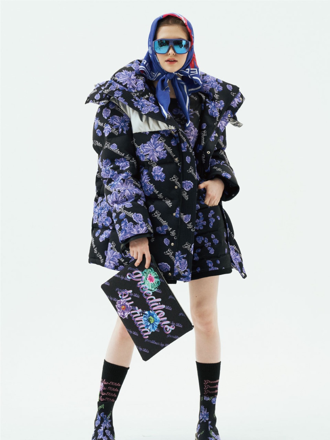 Floral Oversized  Puffer Jacket With Silve PU