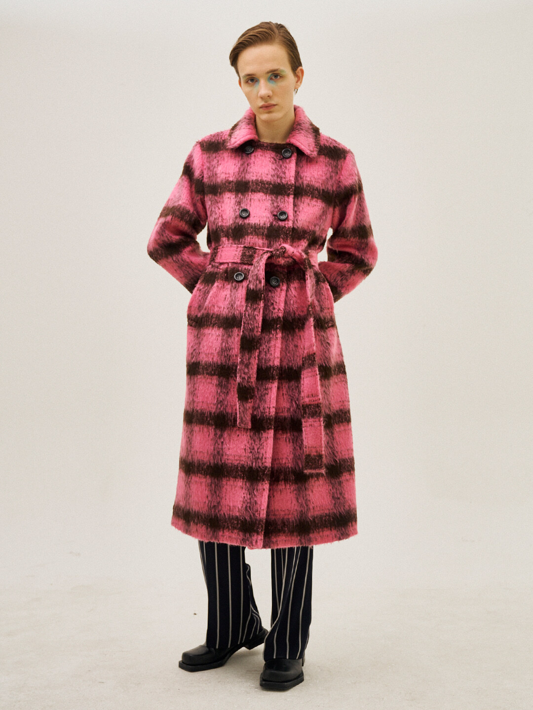 Tied Waist Checked Wool Trench