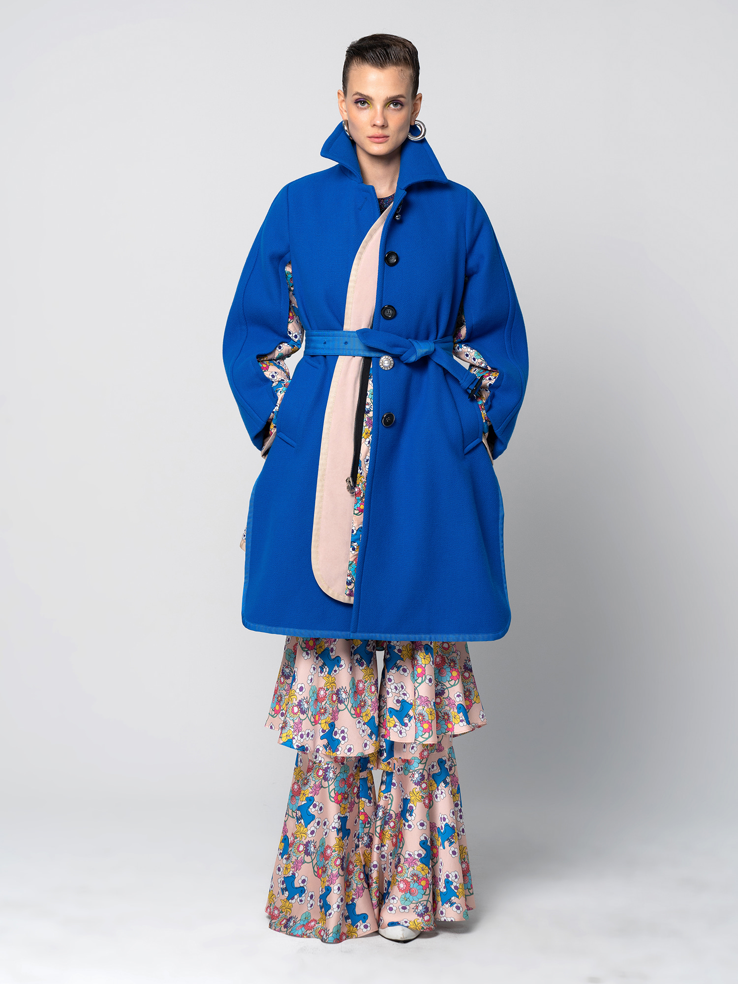 Blue Wool Coat with Printed Padded Back