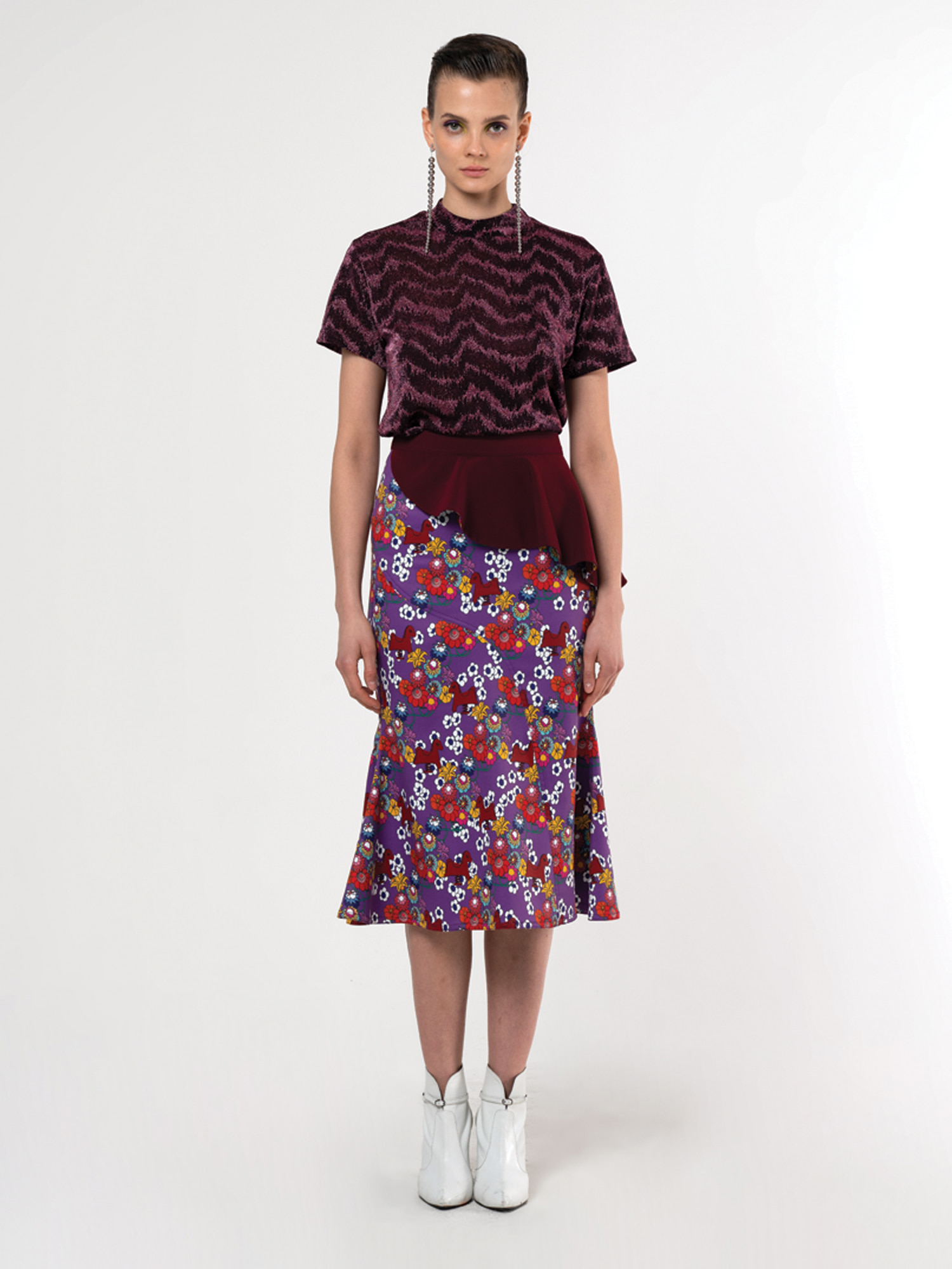 Flower Horse Print Ruffle Midi Skirt