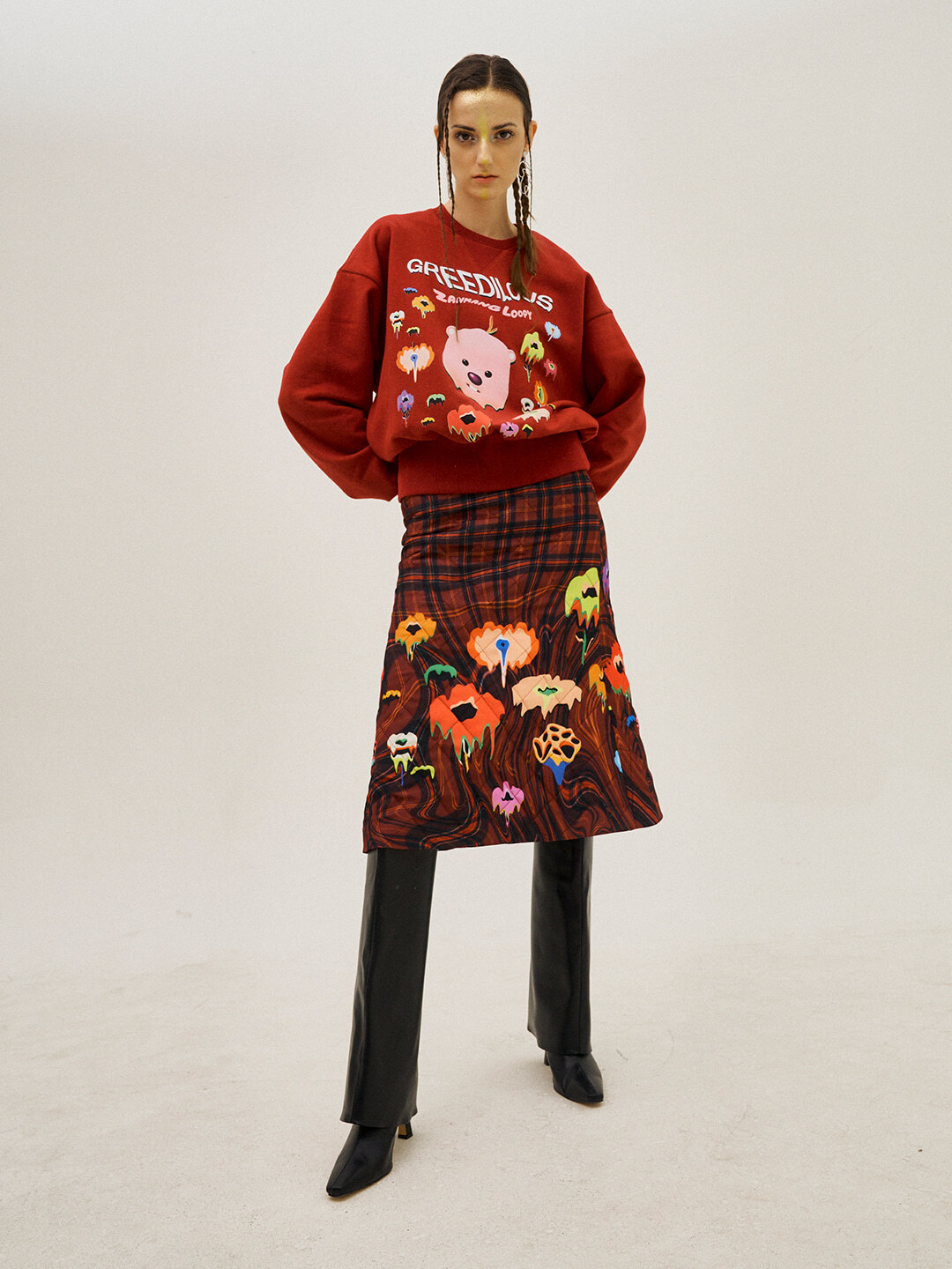 Red Melting Flower A-Line Midi Skirt