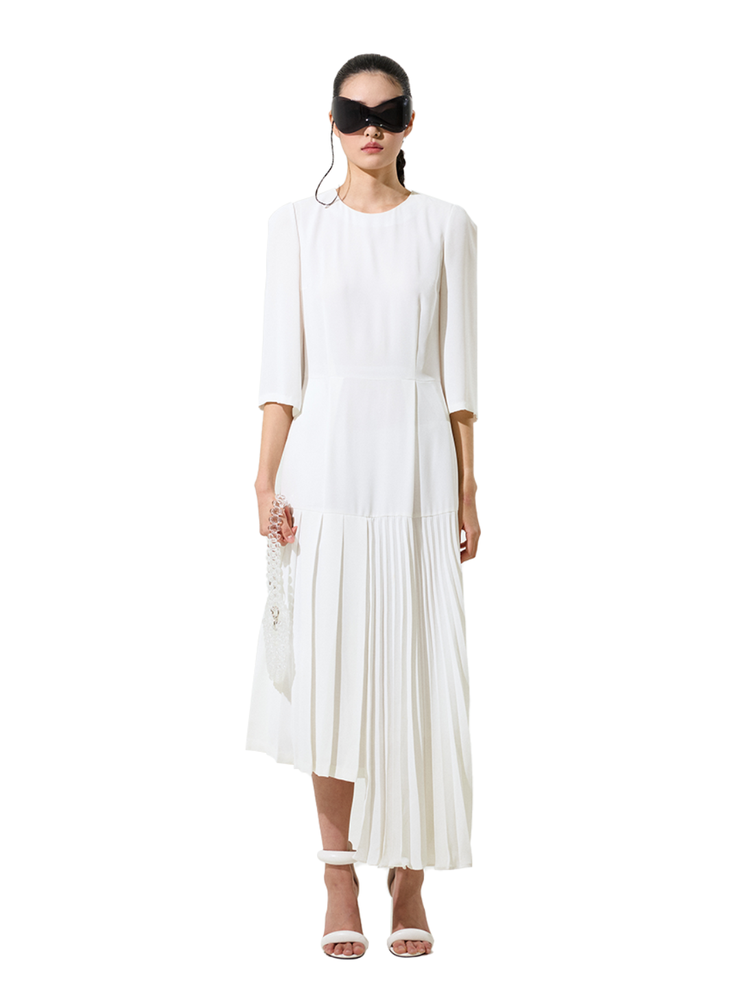 Solid White Pleats Hem Dress 3/4 Sleeve