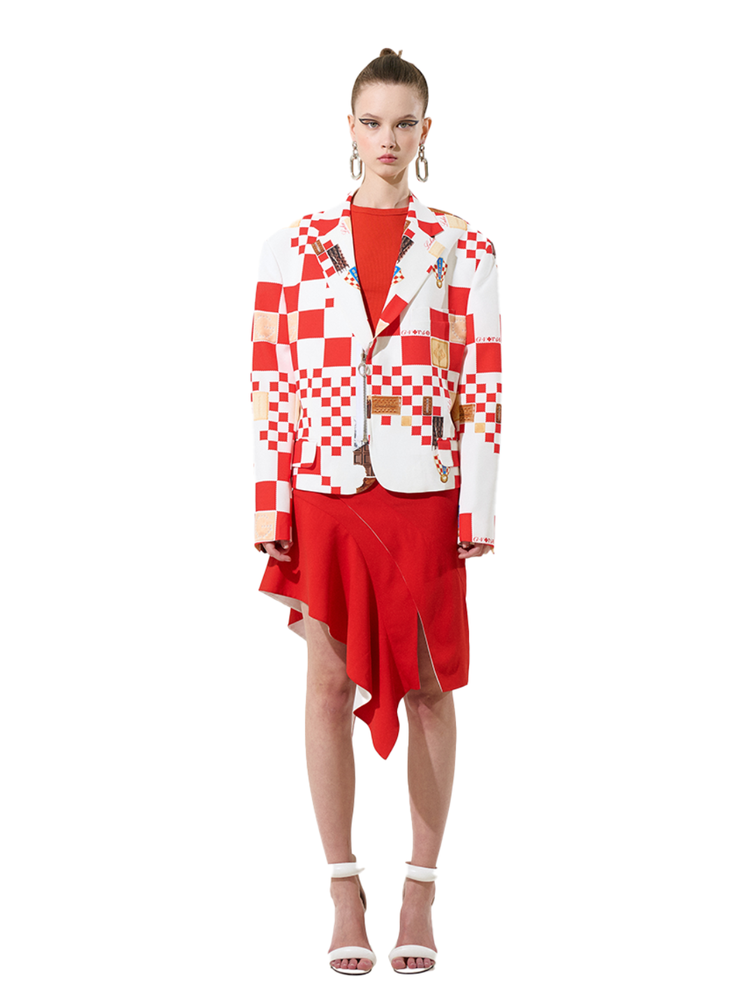 Red And White Biscuit Check Pattern  Zipper Detail Jacket