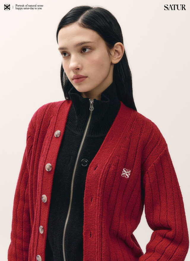SATUR | 세터 | 파로 오버 사이즈 부클 가디건 버건디 레드
