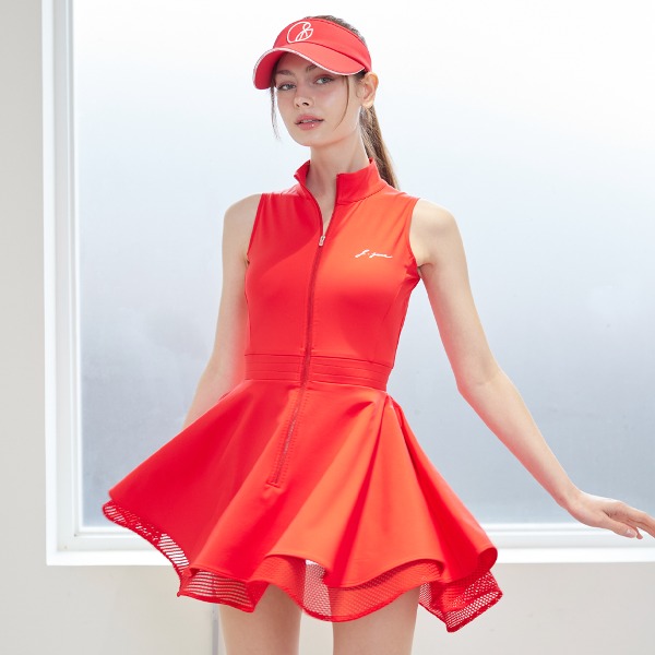[JJA] 제이제인 앞지퍼 더블 플레어 원피스 Zipper Double Flared Dress (Red) J197OPS02RD