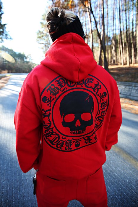 ByTheRByTheR Skull Logo Loose Fit Brushed Hoodie Red
