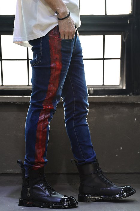 ByTheR Custom Side Red Painted Damaged Denim Trousers