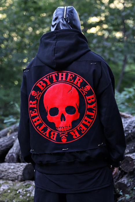 ByTheR embossed print black canvas patch hoodie