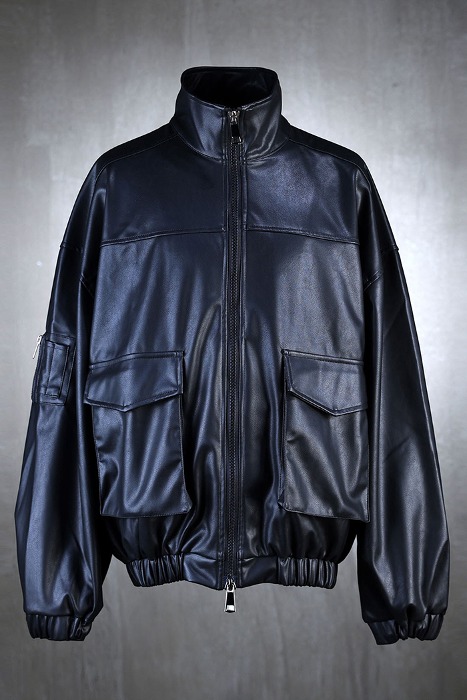 ByTheRThree-dimensional pocket loose fit leather blouson jacket