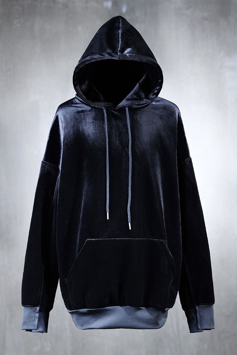 Unbalanced cut loose fit velvet hoodie