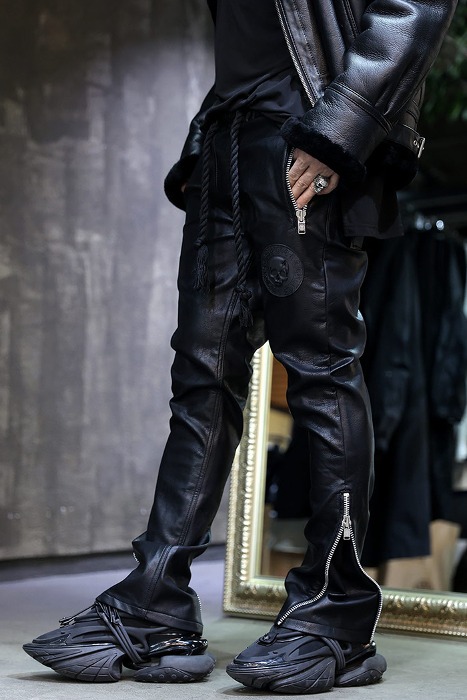 ByTheR Skull Louver Patch Zip Slit Leather Trousers