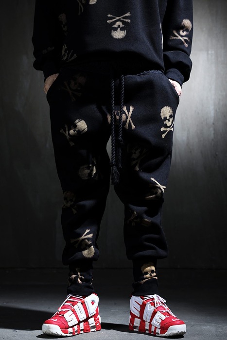 ByTheR Custom Multi Skull Logo Bleach Over Banding Raised Jogger Pants