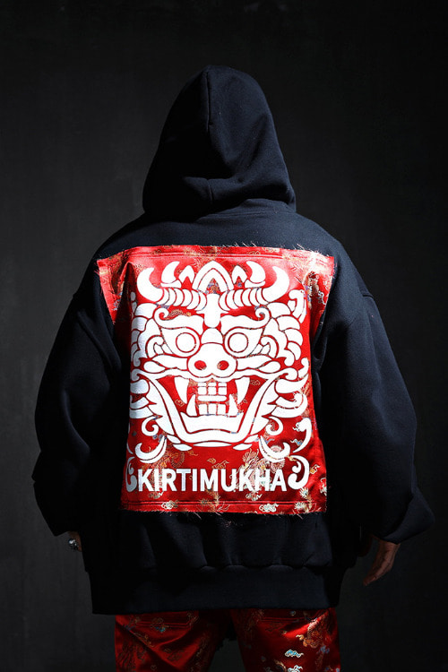 Mukha Red Oriental Fabric Patch Hooded Zip Up