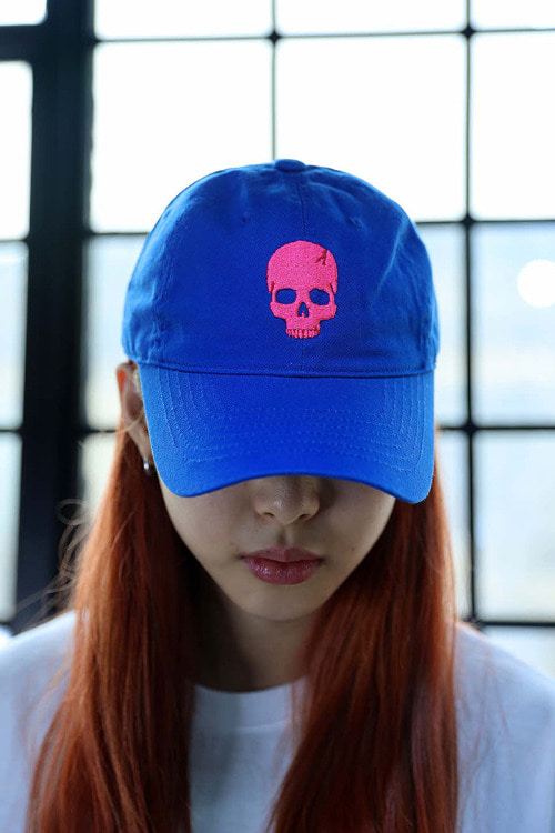 ByTheR Pink Skull Embroidered Logo Ball Cap Blue