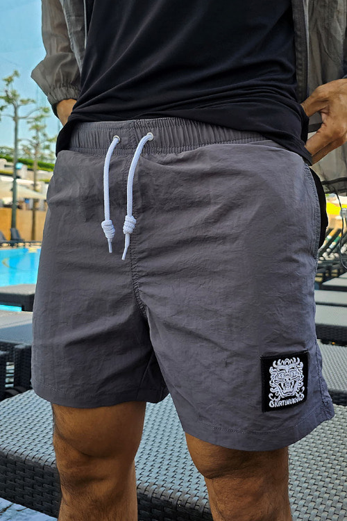 Mukha Square Embroidered Beach Swimwear Shorts Charcoal