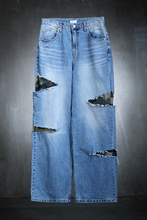 ByTheRCamouflage layered denim wide pants