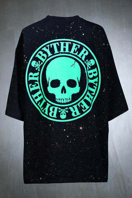 ByTheRByTheR Dot bleach green logo printing loose fit short sleeve t-shirt black