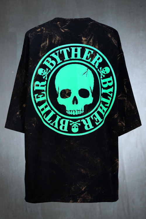 ByTheRByTheR Rough bleach green logo printing loose fit short sleeve t-shirt black
