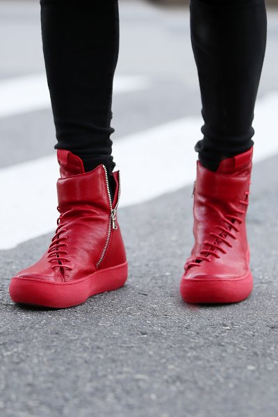 Diagonal String Red Leather High-top Sneakers