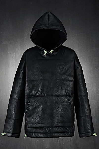ByTheR Brushed Bonding Stitching Leather Black Hoodie