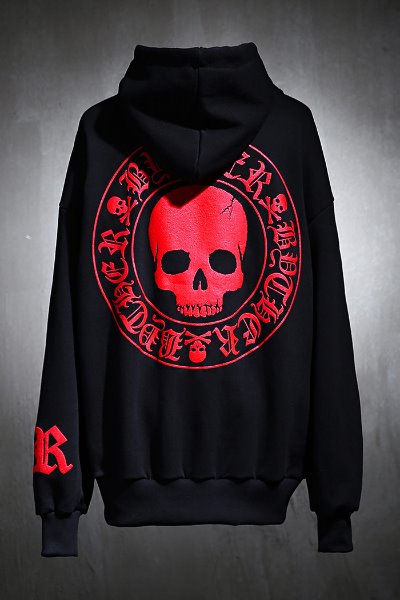 ByTheR Skull Logo Embossed Loose Fit Hoodie Red