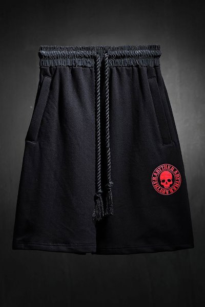 ByTheRByTheR red skull logo loose-fit shorts